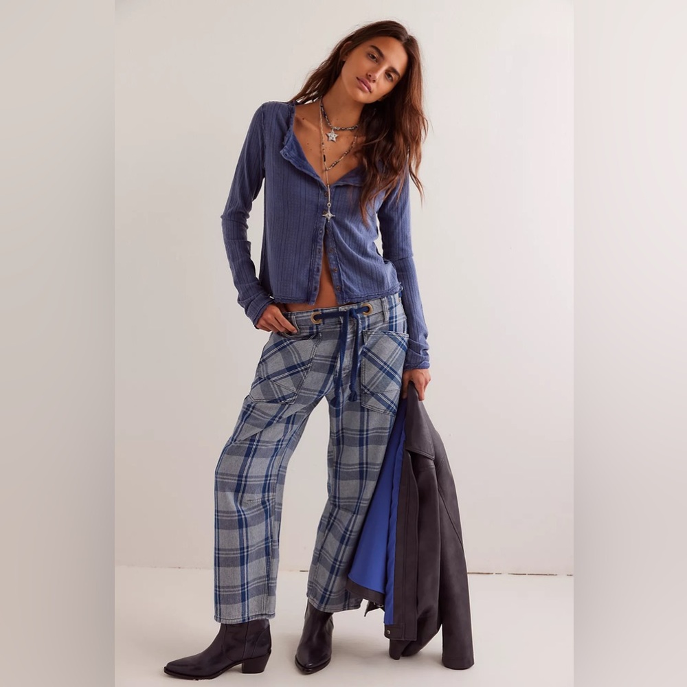NWT We The Free Moxie Plaid Pull-On Barrel Jeans